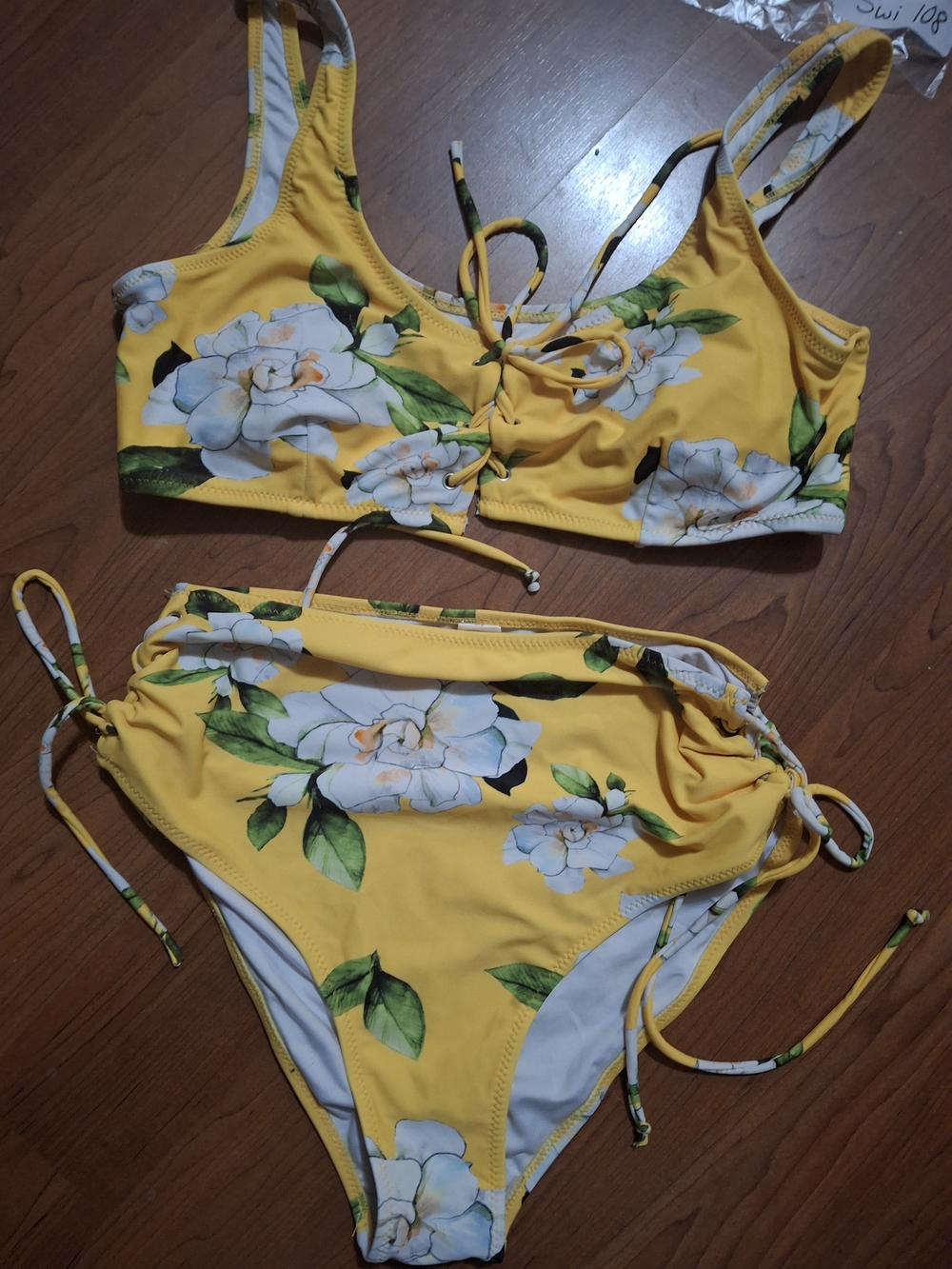 Yellow Floral Lace-Up High-Waist Bikini Swimsuit Set (SWI 108)